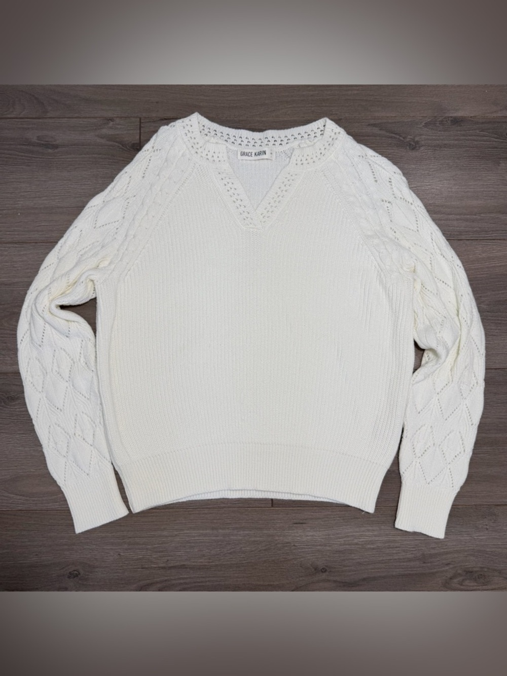Grace Karin White Cable-Knit V-Neck Sweater- NEW - Picture 1 of 6